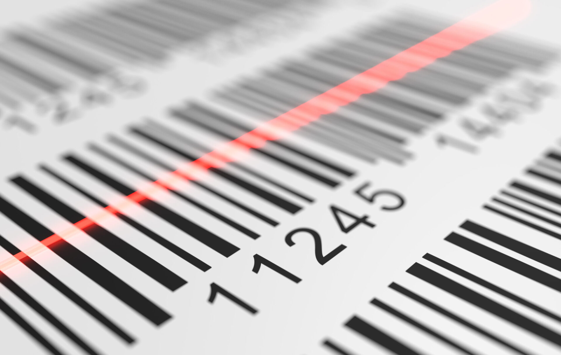 Close-up view on red laser is scanning label with barcode on product. 3D rendered illustration.
