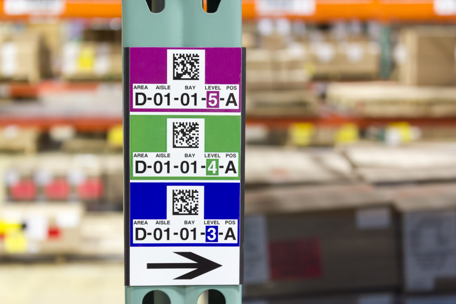 Multi-colored 2D totem labels on a rack