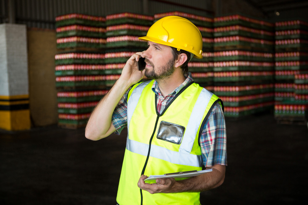 Male worker on a phone in a warehouse