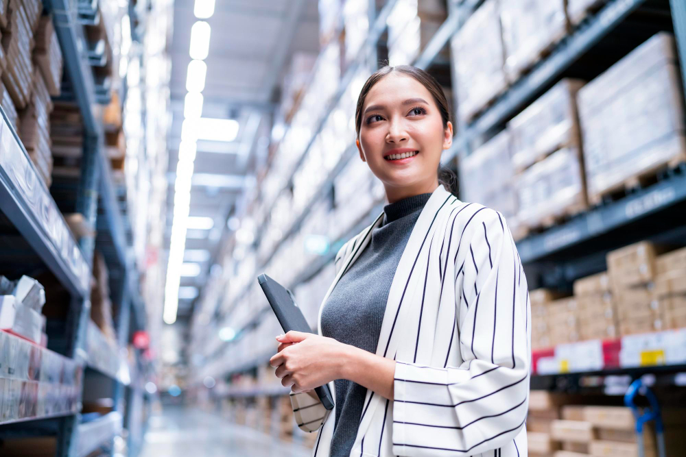 Women on warehouse floor smiling with a tablet