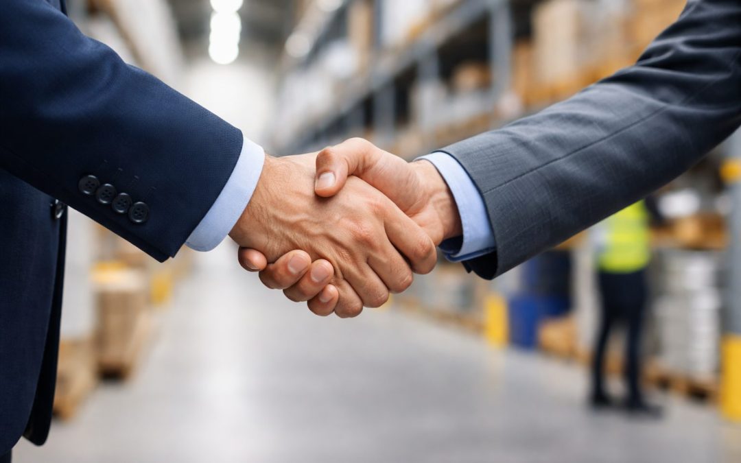 Shaking hands in a warehouse